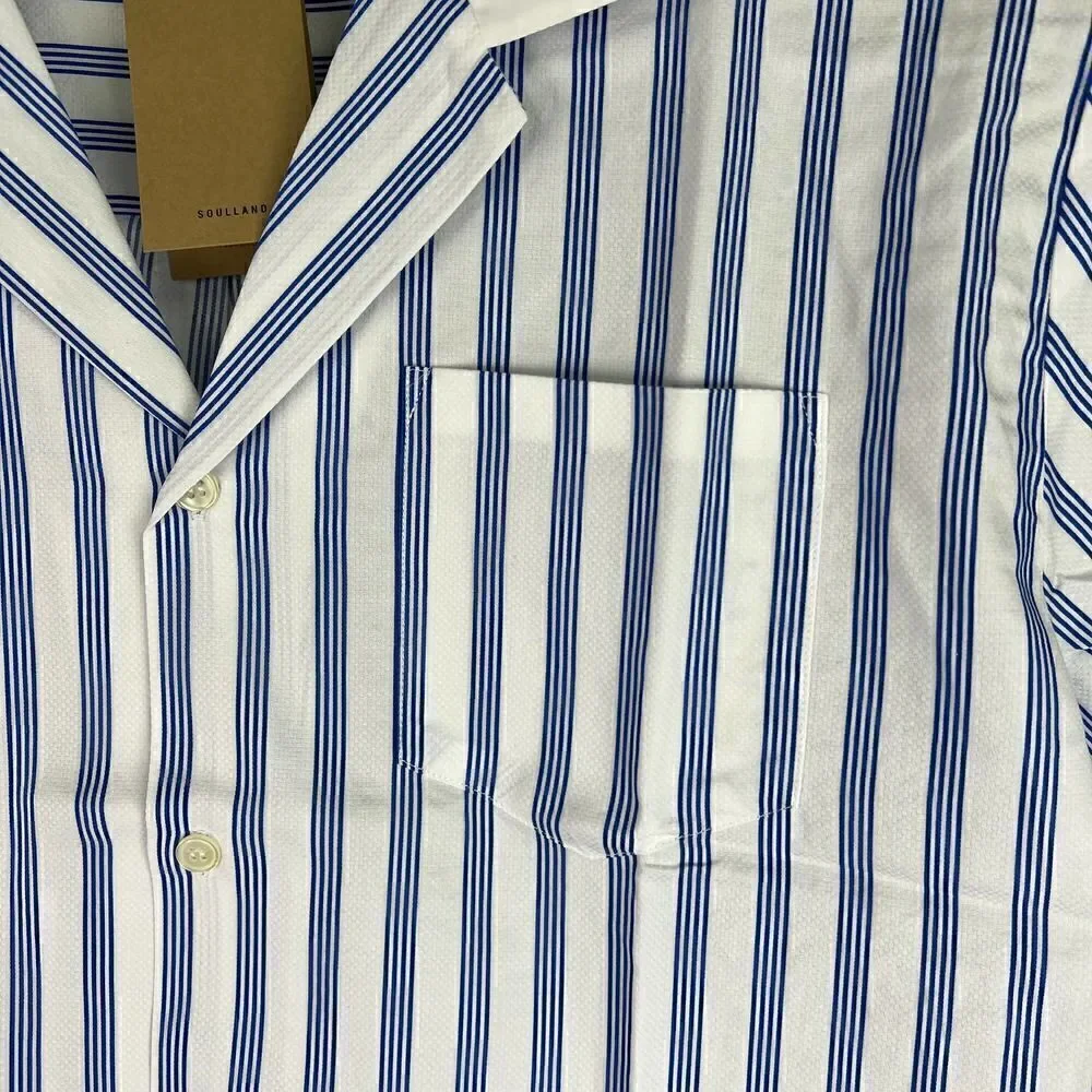 New Soulland Cornwall US L Men White Striped Shirt Short Sleeve Slim Button-Down - Picture 10 of 13